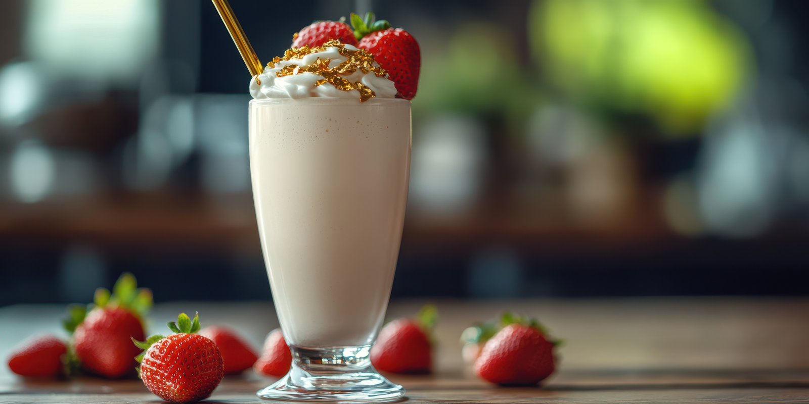 Delicious creamy milkshake topped with strawberries and whipped cream served on a wooden table